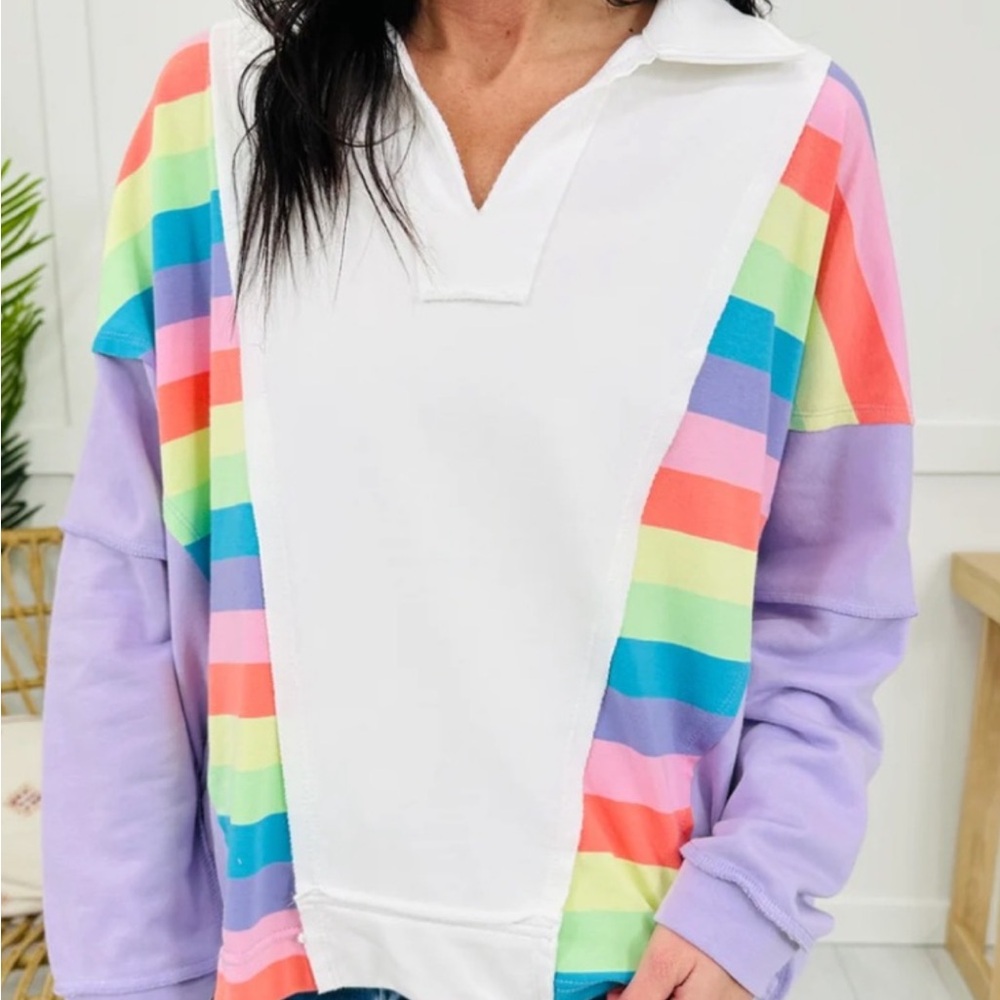 BiBi Rainbow Striped collared shirt- Size Small - NWT - can fit a M or L